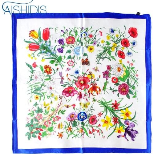 Square Silk Scarf Luxury Brand Women Bandana Floral Scarves Size 88cm Blue Hems Handrolled Silk Shawls Brand New