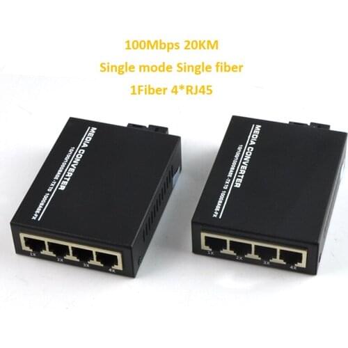 Fiber Optic Ethernet Media Converter 20KM 10/100M Optical SC 4Port RJ45 UTP 1310nm Singlemode Single Fiber Converter 1Pair