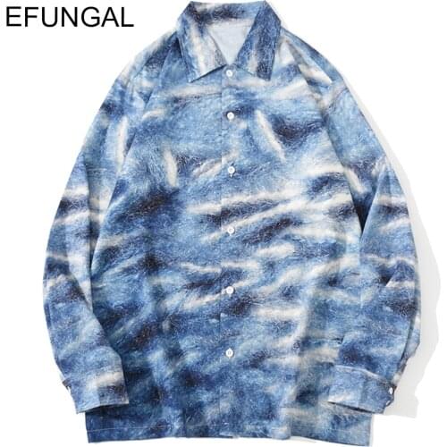 EFUNGAL Color Block Patchwork Hip Hop Shirt Spring Autumn Long Sleeve Japanese Streetwear Men Fashion Casual Harajuku Shirts