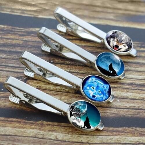 Men Classic Metal Tie Clips Wolf Print Glass Dome Wedding Tie Pins Suit Accessories