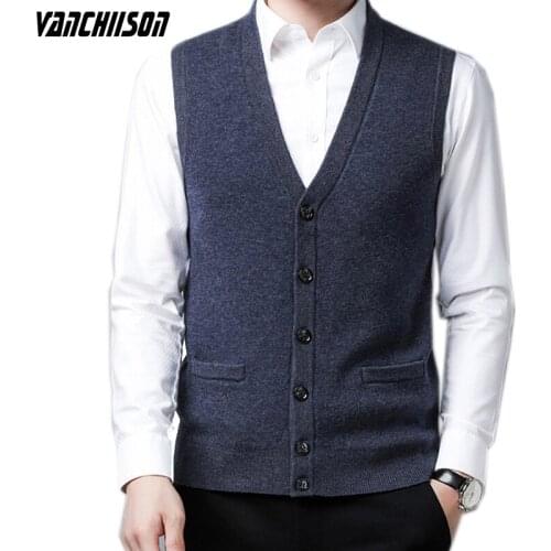 Men Knit Vest Buttons Down Basic Sweater Cardigan Sleeveless 100% Wool Business Smart Casual Thick Winter Solid V Neck A08191034