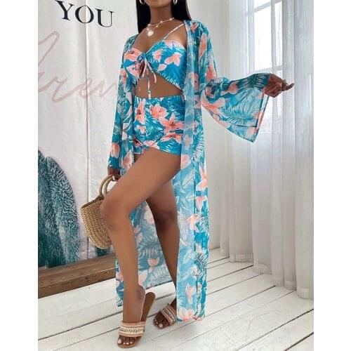 2021 New 3 Pcs Long Sleeve Bikini Cover Up Swimwear Women Print Beach Wear Set High Waist Shorts Bandage Swimsuit Bathing Suit