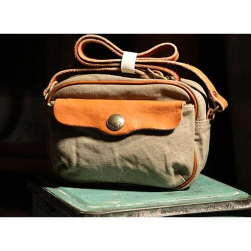 Original handmade mens messenger bag horizontal square mini leather stitching canvas distressed shoulder bag
