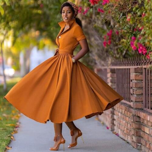 Autumn women A-line shirt dress Casual 1/2 sleeve button up swing maxi dress Green Orange women dress 2020