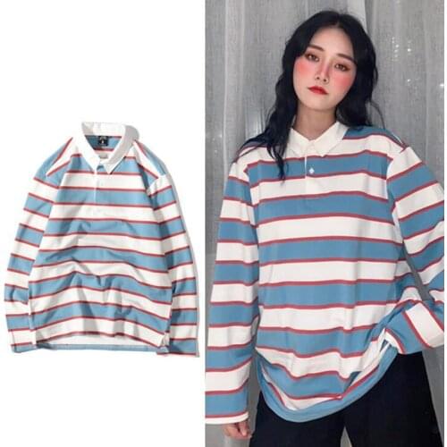 Autumn Japanese retro lapel shirt female striped long-sleeved woman tshirts BF wind couple loose Paul shirt Gothic shirt tide