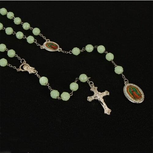 Catholic glowing green rosary cross necklace. Bless the long chain beading of Mary Rose. Prayer Cross Jesus Necklace 8mm.48 Piec