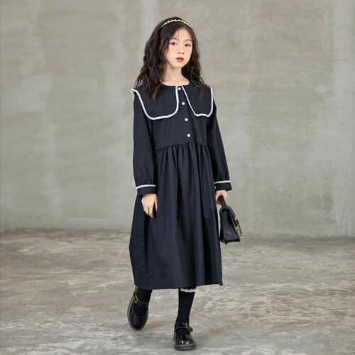 Teen Midi Ruffles Dress Girls School Cotton Dress Kids Autumn Clothes 2021 New Children Clothes Button Long Sleeve Black#6523