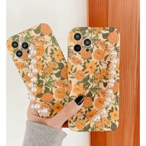 Gimfun Luxury Pearl Chain Floral Phone Case for iPhone 11 12 Mini Pro Max XS Max X XR 7 8 Plus Retro Flower Soft Tpu Cover
