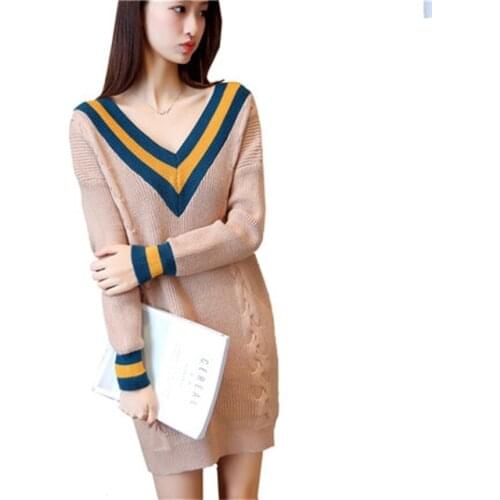 V collar college wind casual knit hit color loose long-sleeved fashion women spring and autumn new sweater dress