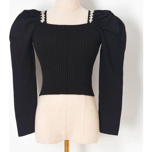 Vintage White Sweater Women Black Pullovers Fashion Square Collar Sexy Slim Knit Crop Tops Diamonds Beading Jumper Casual Jersey