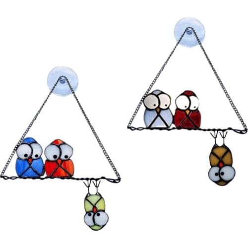 Stained Glass Hangings Owls Nerdy Birds Pandent Home Office Garden Decor