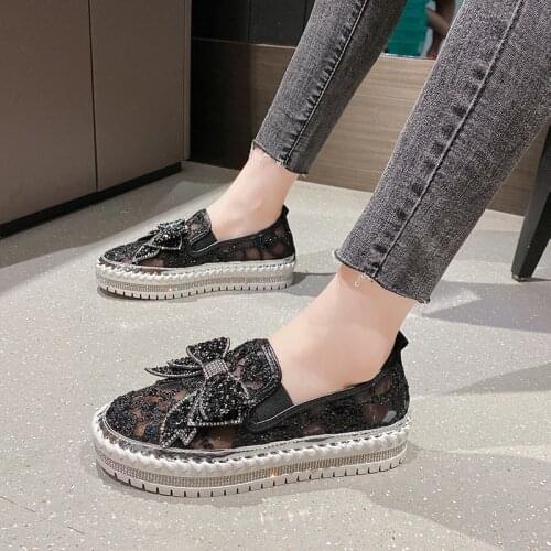 2021 new Women Flats Leather Loafers Spring Shoes Woman Crystal Sequins Bow-knot Platform Mesh Slides Moccasins