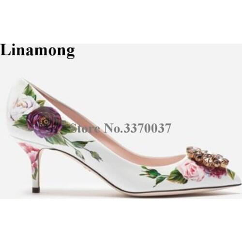 Women Luxury Pointed Toe White Flowers Printed Genuine Leather Rhinestone Pumps 5cm Low Heel Crystal High Heels Wedding Shoes
