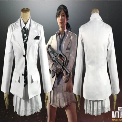 Woman PLAYERUNKNOWN BATTLEGROUNDS Cosplay White Top Tie Jacket Skirt 4PCS Set Game PUBG Cos School Uniform Daily Coat Shirt Set