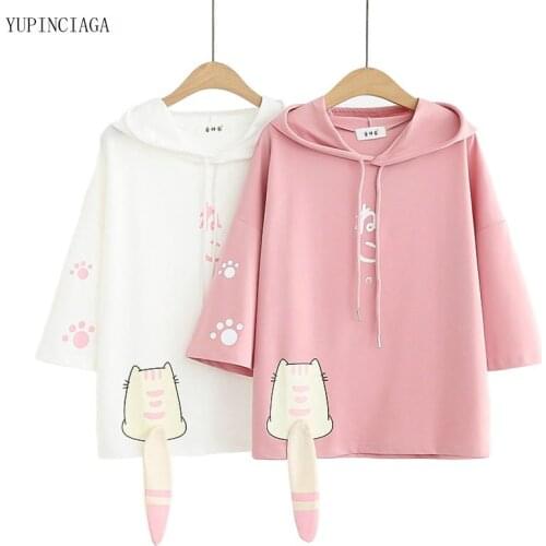 Japan Style 2021 Summer New Harajuku Kawaii Cute Cat Tail Women Short Sleeved Hoodie Pullover Female Hooded Sweatshirts 2114307