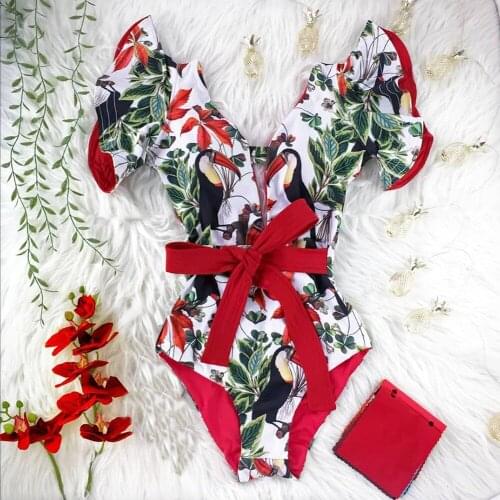 Women Print Flower Bird Swimsuit Bikini 2021 New Swimsuit Flounce Strap Triangle Swinwear V neck S M L XL
