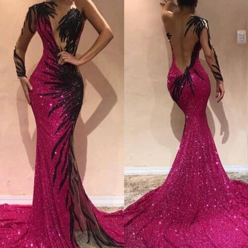 2020 New Sexy Prom Dresses Mermaid Sequin One Shoulder long Sleeve Deep V-neck Backless Crystals Long Evening Party Gowns