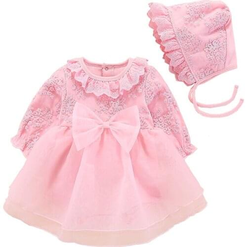 2019 New Baby Princess Dress Newborn Cotton Outwears 2pcs Set Baby Clothing Infant Girls Long Dress Sleeve Design And Hat Lace