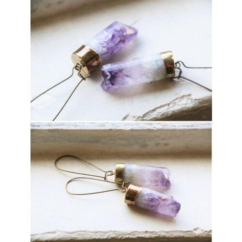 3Pairs/Lot Natural Amethysts Quartz Healing Point Beads Dangle Hook Earrings Fashion Women Bronze Crystal Earrings Jewelry