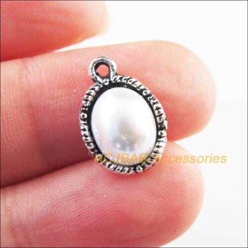 New 30Pcs Tibetan Silver Tone Retro Tiny Oval White Acrylic Charms Pendants 11x16mm