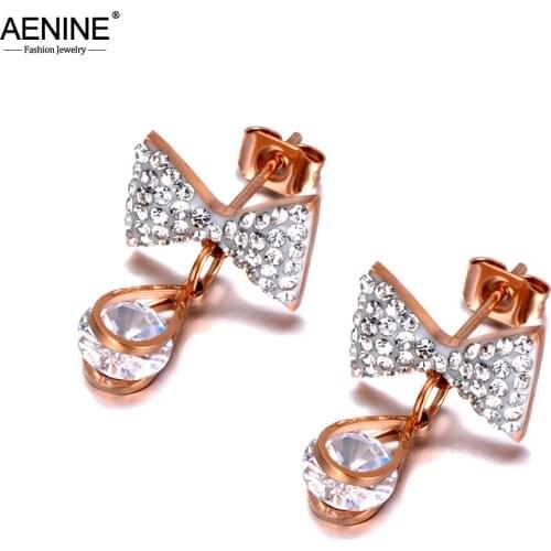 AENINE Sparkling Titanium Stainless Steel Rhinestone Bowknot Earrings Fashion CZ Crystal Earrings For Women Girls AE20029