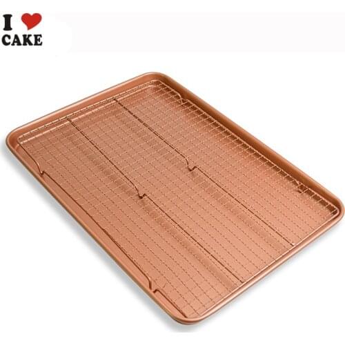 Non-Stick Cookie Tray 18 inch Rectangular Rose gold Baking pan for bread ,cookie ,roasted wings and 1pcs Baking Rack ,Cake tools
