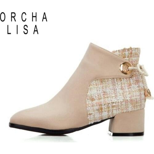 ORCHALISA Square heel boots Women boots flock Knot Zipper Pointed toe Ankle boots for women Patchwork Fashion Casual Cool S2399