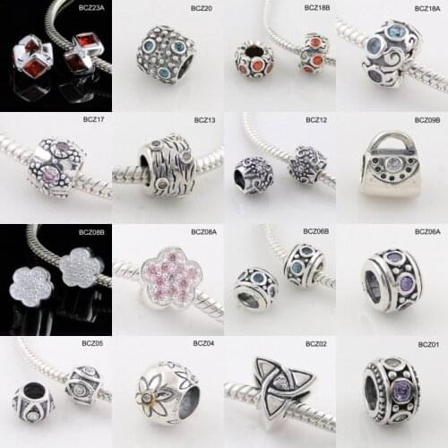 Wholesale 20pcs/lot Mix Styles Zircon Pave Authentic 925 Sterling Silver European Charm Beads For European Jewelry Making BCZ02
