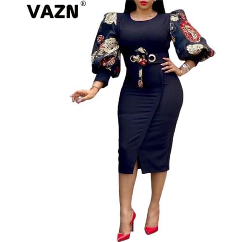 VAZN 2020 Autumn Plus Size Mature Retro Daily Elegant Overalls Sexy High-end Full Sleeve Women Thin High Waist Midi Dress