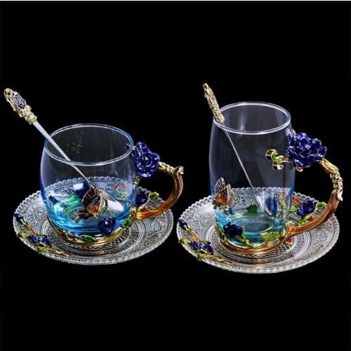 Blue Rose Enamel Crystal Cup Flower Tea Glass High-grade Glass Water Cup Flower Mug with Handgrip Perfect Gift For Lover Wedding