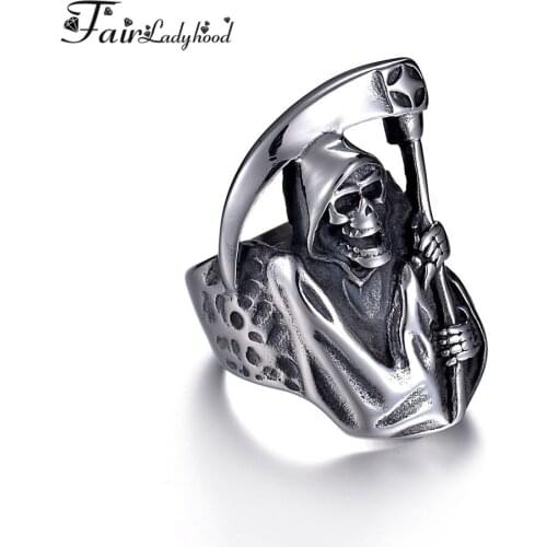 FairLadyHood 100% 316L Stainless Steel Cool Hell Death Skull High Polished Ring For Man Retro Punk Biker Rock Ring Jewelry