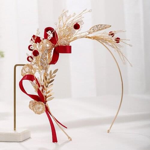 Korean Exquisite Handmade Crystal Pearl Headband Red Butterfly Wedding Celebration Leaf Bridal Headdress Hair Accessory Wholesal