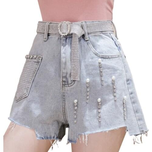 Best sale 2020 Fashion Summer Fasten The Belt Denim Shorts Women Jeans Shorts Luxury High-grade Rhinestone Pearl Women Shorts