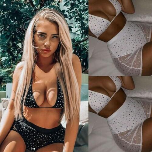 Fashion 2PCS Women Ladies Sexy Mesh Sleeveless Push Up Dot Crop Top+Bodycon Short Clubwear Casual