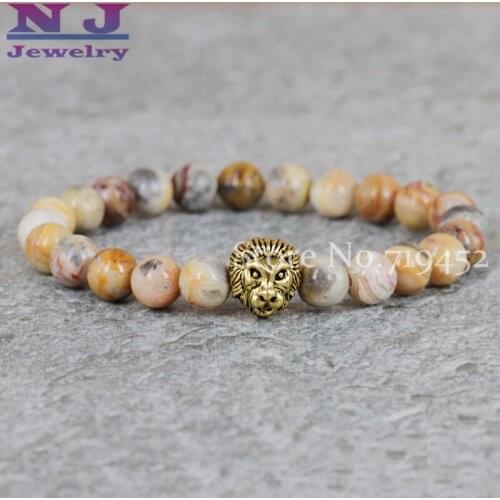 2015 Hot Sale Mens Beaded Lion Head Bracelets Wholesale 10pcs/lot 8mm Natural Crazy Stone Stone Beads Bracelet Jewelry,Gift