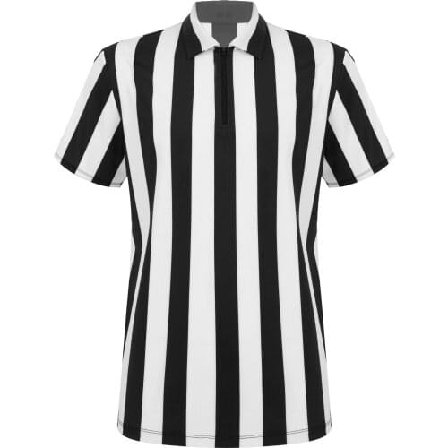 Men Summer Tops T-shirt Referee Uniform Lapel Collar Short Sleeves Zipper Stripes Print Basketball Football Sport Costume