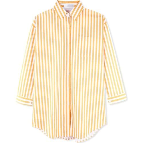 Neatie kiddie Sping New Fashion Women Long Shirt Blouse Basic Boyfriend Style Long Sleeve Loose Tops Yellow Stripe Blusas