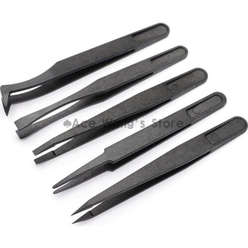New Arrival 5pcs/set Portable Black Straight Bend Anti-static Plastic Tweezer Heat Resistant Repair Tool