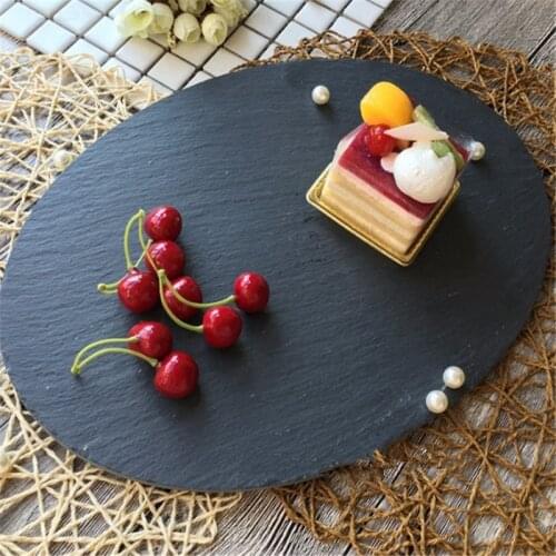 Oval round natural black stone steak plate Slate Dishe Solid marble dinner Sushi BBQ Cheese Pizza Flat Fruit Plate Food Tea Tray
