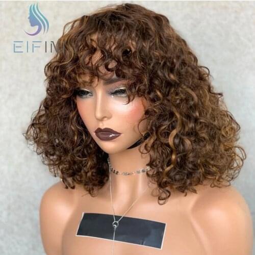 Short Bob Full Machine Made Human Hair Wigs 150% Density Wigs For Black Women Curly Ombre Brazilian Remy Hair WIgs With Bangs