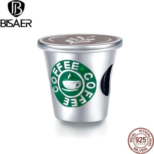 BISAER Coffee Cup Charms For Bracelet 925 Sterling Silver Green Enamel Bead Pendant DIY Necklace For Female Jewelry ECC1545