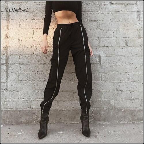 Casual Front Long Zipper High Waist Cargo Pants Women Punk Hip Hop Black Fashion Harem Ankle Zipper Trousers 2019 New Streetwear