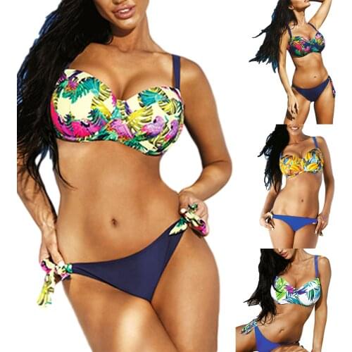 Two Piece Leaf Print Swimwear Women Printed Swimsuit Sets Bra Top Tie Up Thong Bikini Bathing Suits