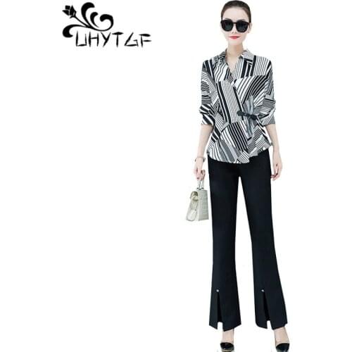 UHYTGF Chiffon two piece set spring clothes for women fashion dots top elegant women suit wide leg pants autumn 2 piece set 1380