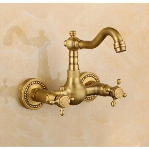 Basin Faucets Antique Brass Wall Mounted Kitchen Bathroom Sink Faucet Dual Handle Swivel Spout Hot Cold Water Tap
