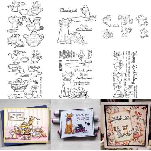 Cutting Dies and Clear Stamps Tiny Mice Cat Tea Time Happy Birthday Cheerful Letter Words DIY Scrapbooking Album Craft 2021