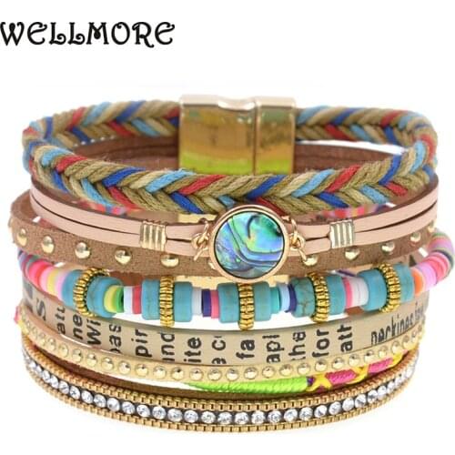 WELLMORE colorful bohemia bracelets for women stone leather bracelet multilayer charm Bracelets & Bangles Female fashion Jewelry