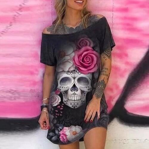 Women Punk Skull Floral Printing Dresses Summer Loose Off Shoulder Mini Party Vestidos Casual Short Sleeve T-Shirt Dress