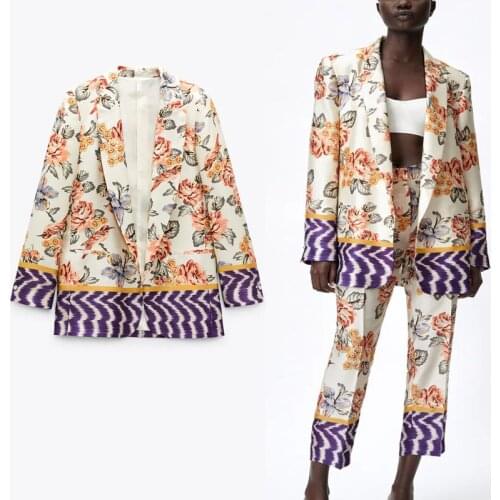 Za 2021 Flowers Print Blazers Women Long Sleeve Pronounced Shoulders Open Front Blazer Coat Woman Vintage Summmer Outerwear Top