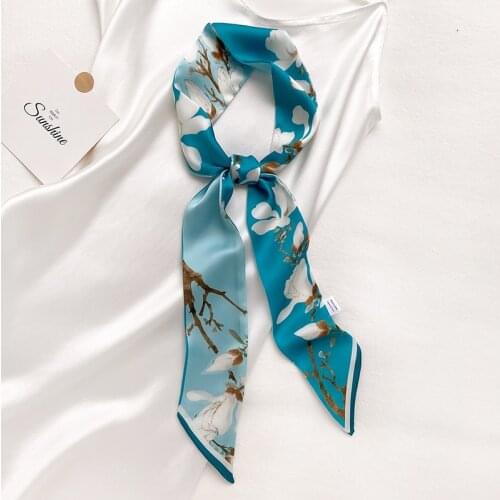 Women Elegant Floral Scarf 2021 New Silk Long Skinny Hairband Ribbon Neck Scarves Floral Printed Foulard Lady Handle Bag Ties
